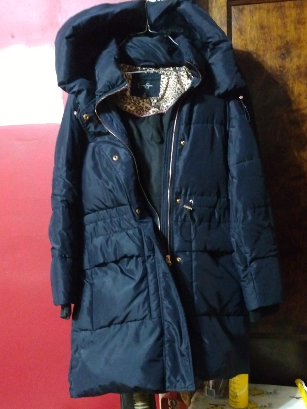 Navy Long Hooded Puffer Coat with Leopard-Trim Interior Jessica Simpson